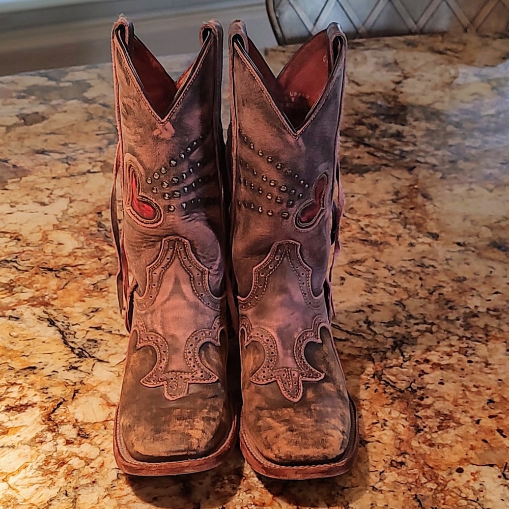 Dan Post Distressed Brown Leather Studded Western Heeled Boots - Picture 14 of 14